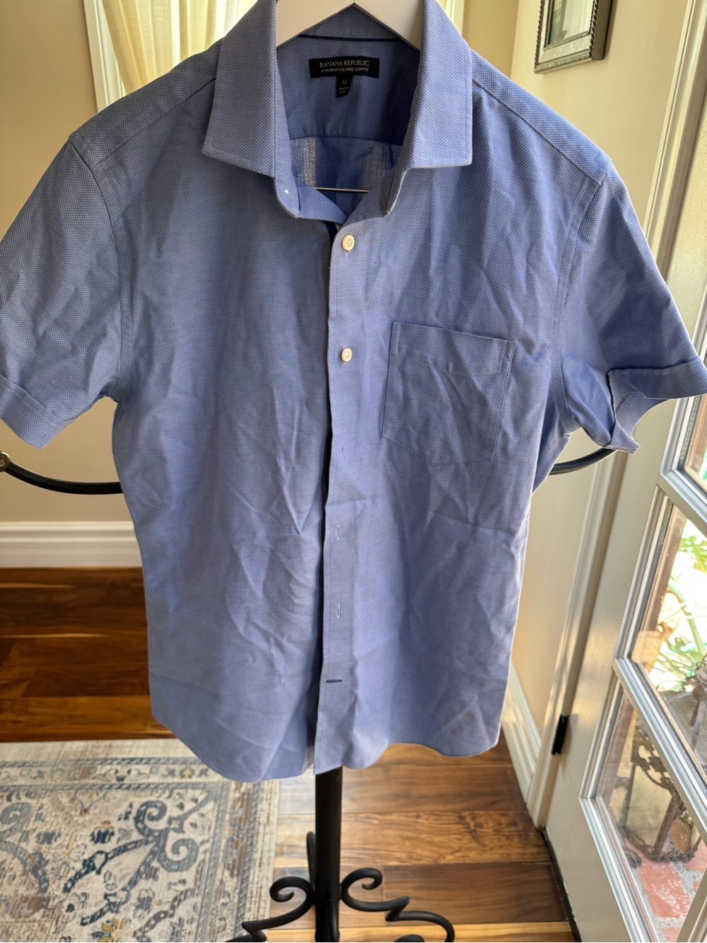 Banana Republic Men Short-Sleeve Dress Shirt Light Blue Non Iron Tailored Slim M